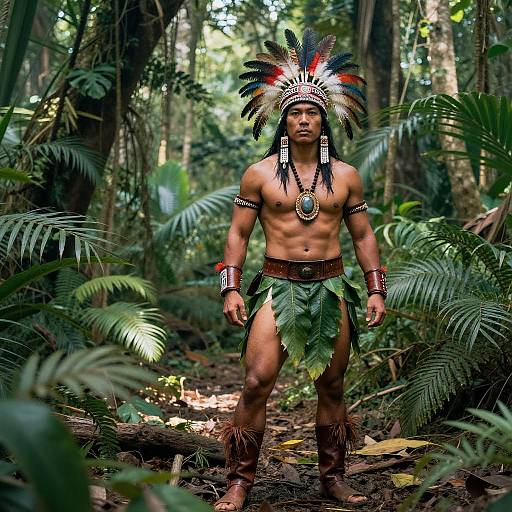 Indigenous Warrior in Traditional Feathered Headdress and Leaf Skirt in Jungle