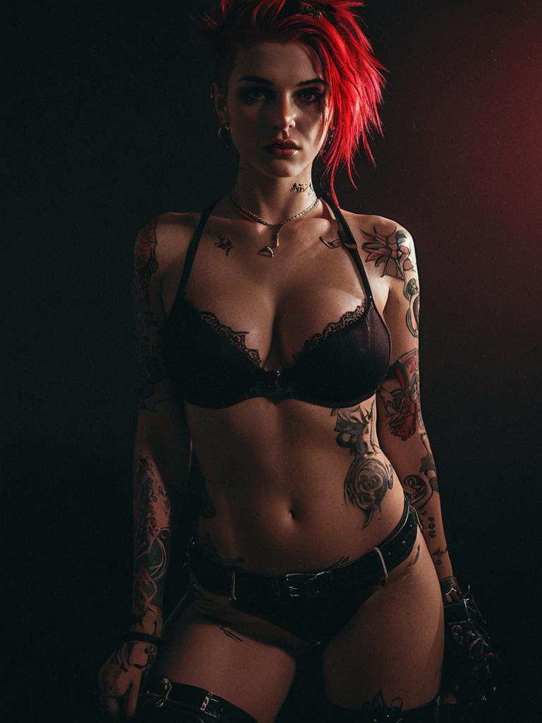 Tattooed Woman with Red Hair in Dark Lingerie Artistic Portrait