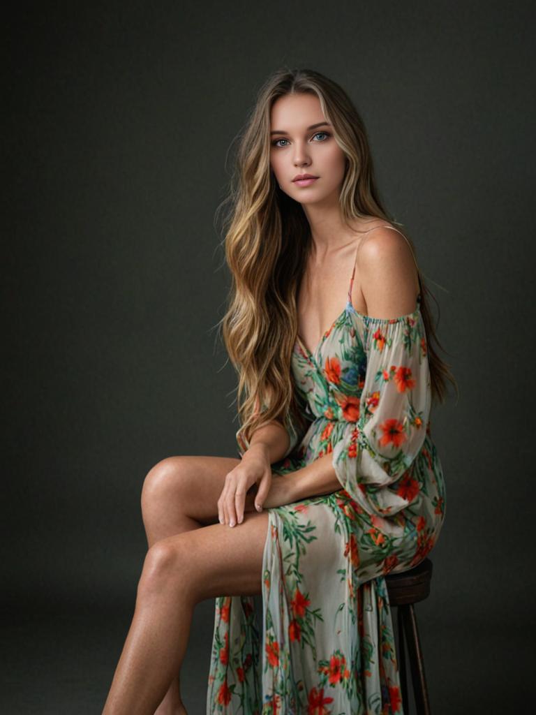 Woman in Floral Off-Shoulder Dress Against Dark Background