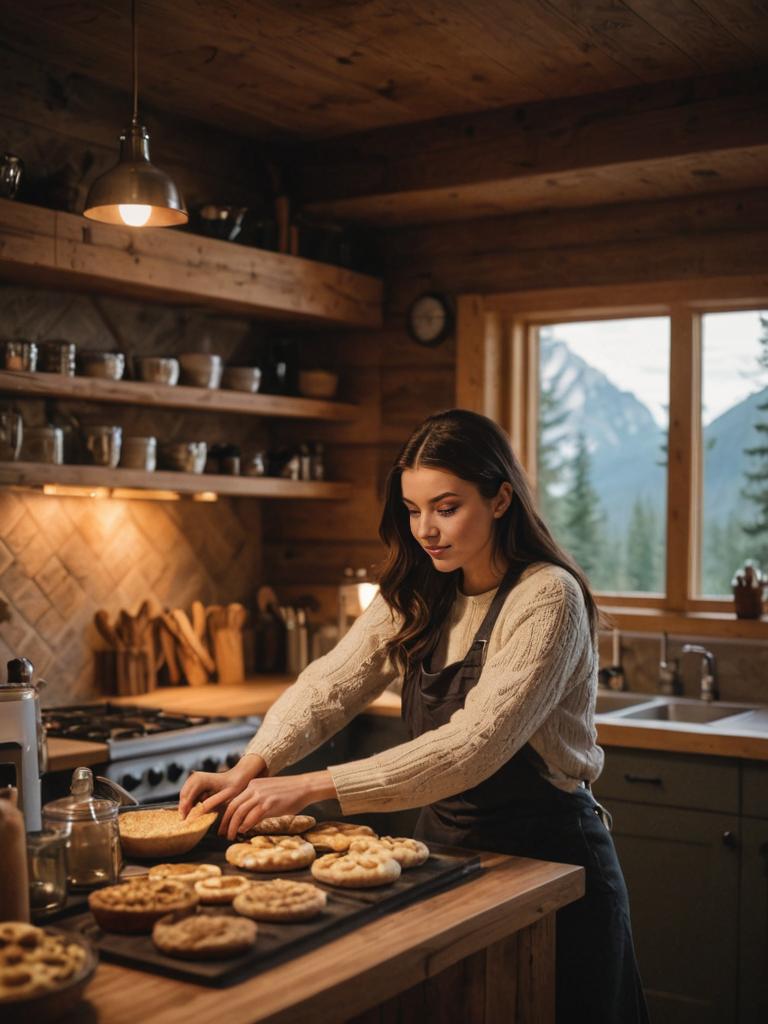 Woman Baking in Cozy Rustic Kitchen