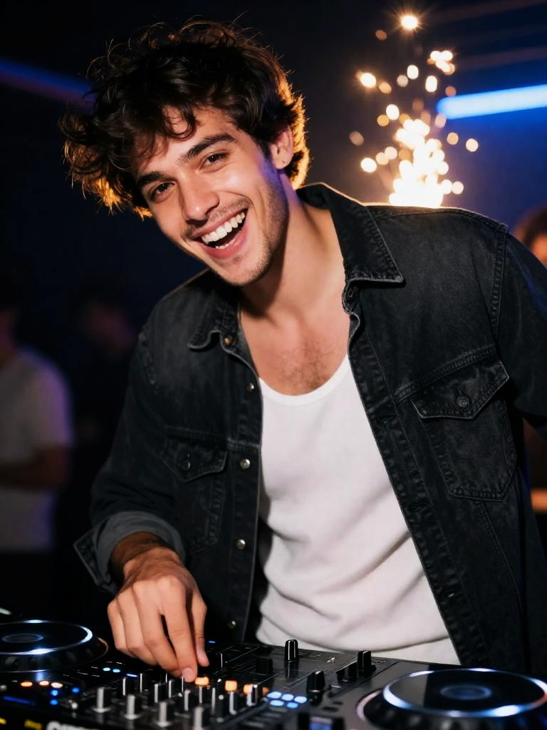 Energetic Young Man DJ Mixing Music in Nightclub with Sparkler Lights