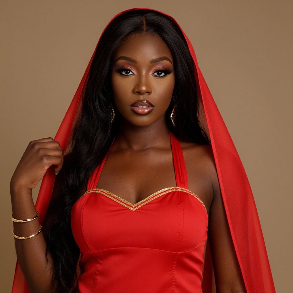Elegant Woman in Red Dress with Sheer Head Covering