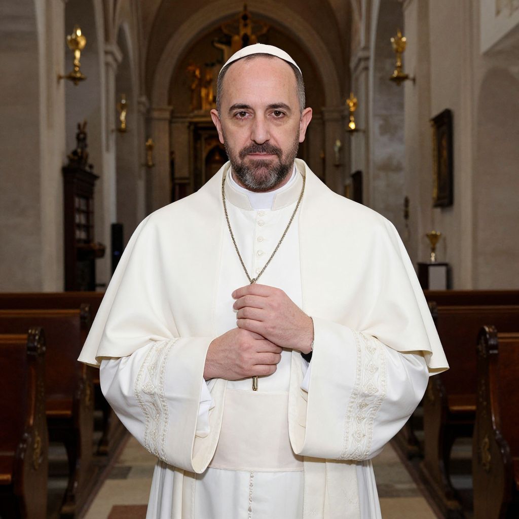 Man in White Papal Robes Holding Rosary Inside Church