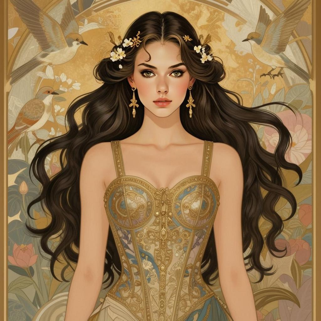 Elegant Woman in Art Nouveau Style Corset with Floral and Bird Motifs