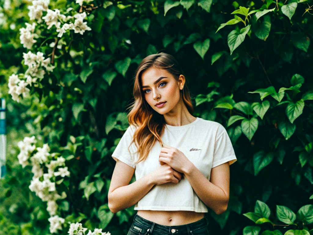 Young Woman in White Crop Top Against Green Foliage