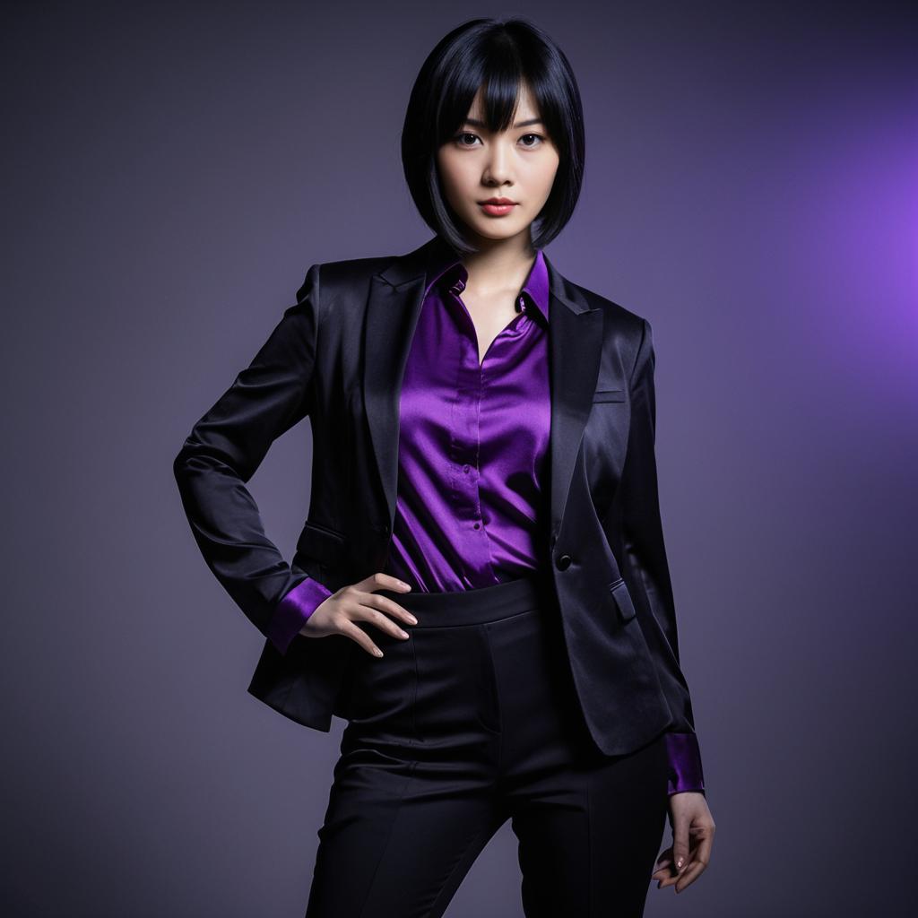Confident Woman in Black Satin Suit and Purple Silk Blouse on Purple Background