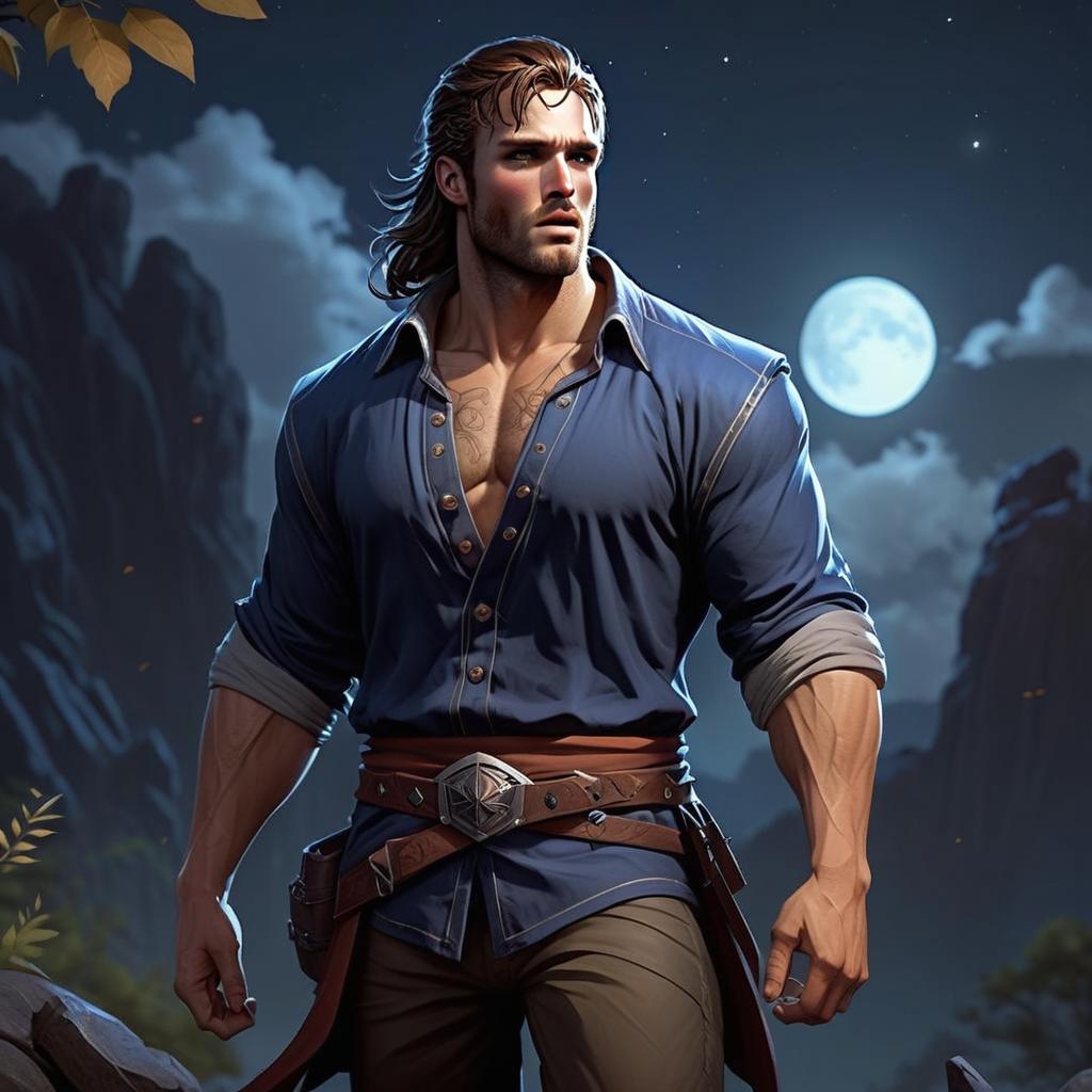 Muscular Man Under Moonlit Sky