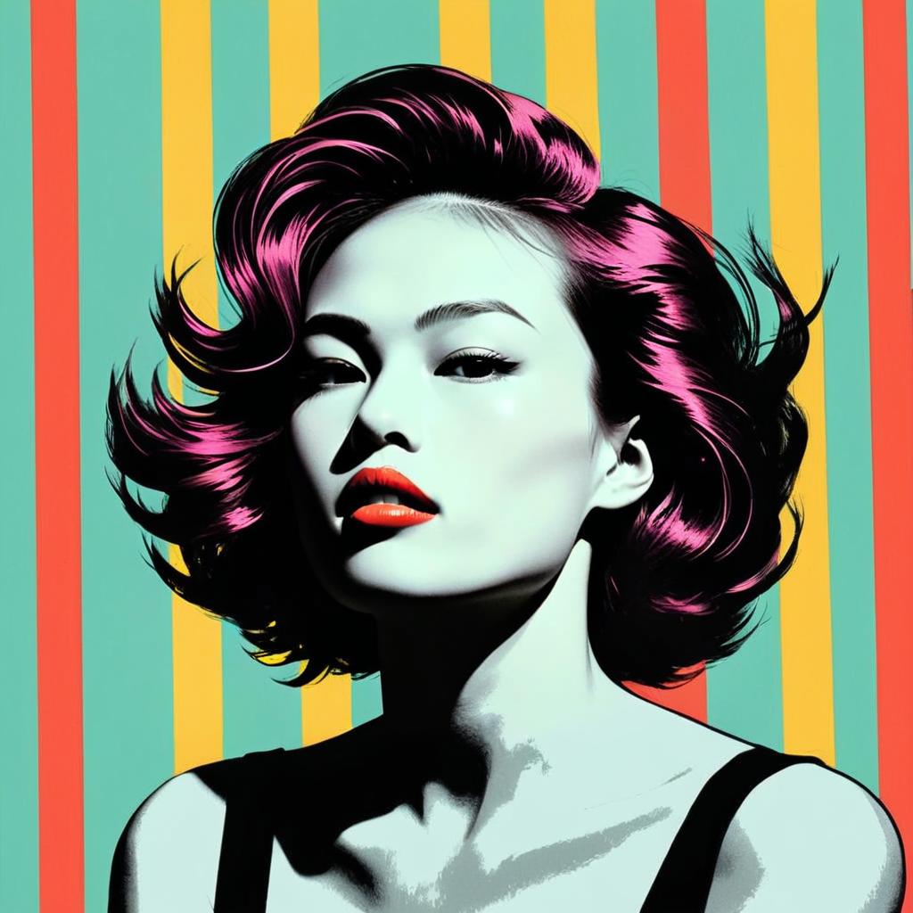 Retro Pop Art Portrait of Woman with Magenta Hair on Colorful Striped Background
