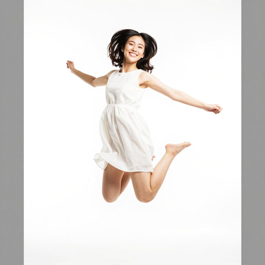 Joyful Young Woman Jumping in White Dress on White Background