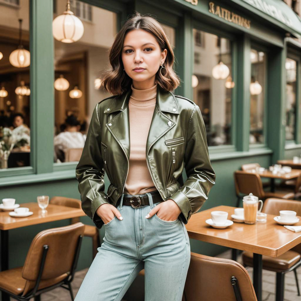 Stylish woman in green leather jacket at café