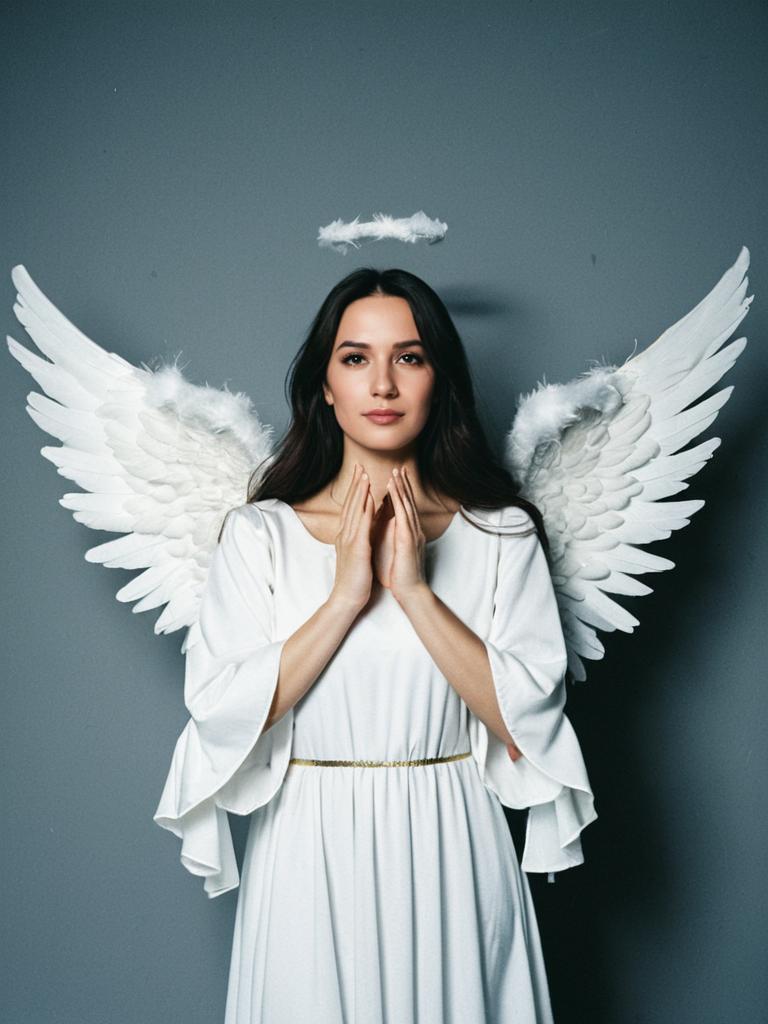 Woman in Angel Costume with Feathered Wings and Halo in Studio Cosplay Photography