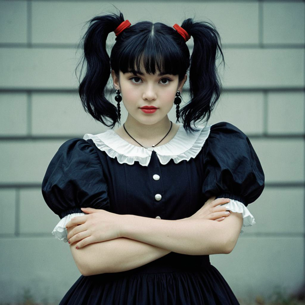 Young Woman in Vintage Black Dress with Ruffled Collar