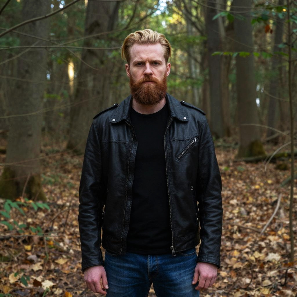 Young man with red beard in black leather jacket standing in forest in autumn