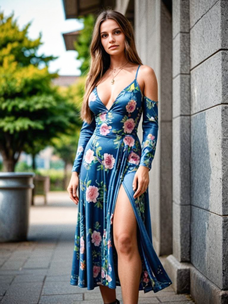 Elegant Woman in Blue Floral Dress Amid Urban Greenery