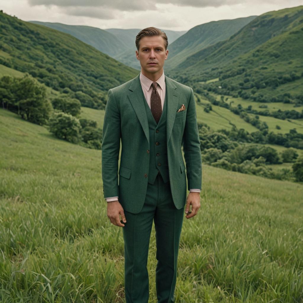 Elegant Man in Green Suit in Lush Field