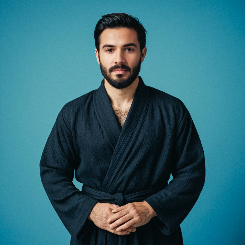 Confident Man in Black Robe Against Blue Background Confident Man in Black Robe Against Blue Background