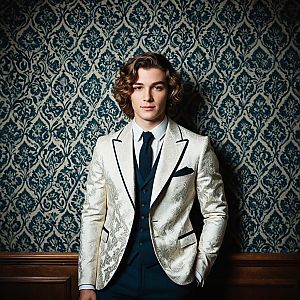 Young Man in White Brocade Blazer with Vintage Wallpaper Background