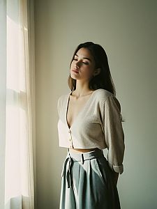 Woman in Minimalist Light Beige Cardigan and High-Waisted Trousers by Window