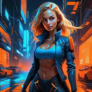 Confident Woman in Cyberpunk Urban Environment