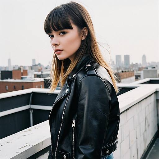 Young Woman in Black Leather Jacket on Urban Rooftop Realistic Portrait