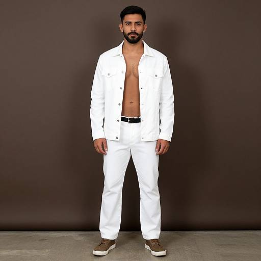 Young Man Wearing White Jacket and Pants Fashion Portrait