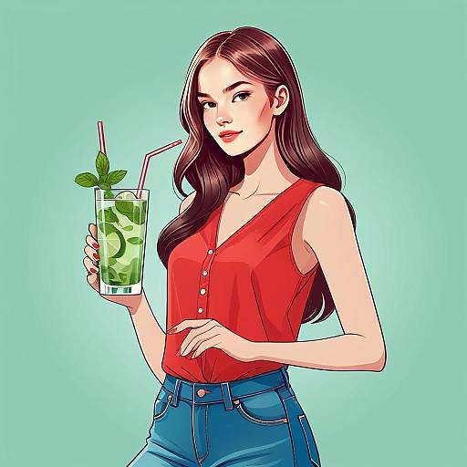 Young Woman Holding Refreshing Mojito Drink Vector Illustration