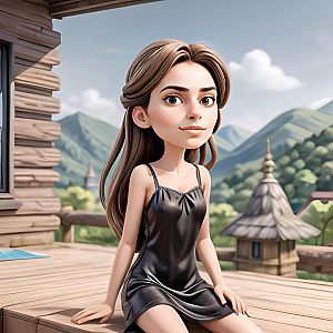 3D Cartoon Woman in Black Dress on Wooden Deck
