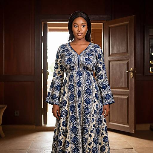 Elegant Woman in Blue and White Floral Dress Standing Indoors