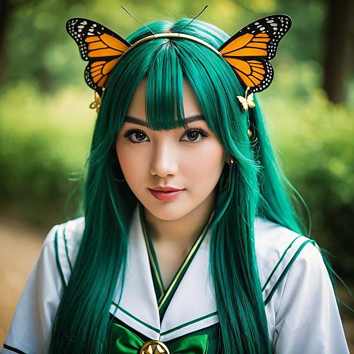 Akimoto Komachi Cosplay Woman with Teal Hair and Butterfly Headband