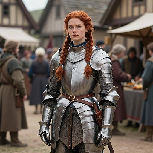 Medieval Woman Knight in Full Plate Armor with Red Braided Hair