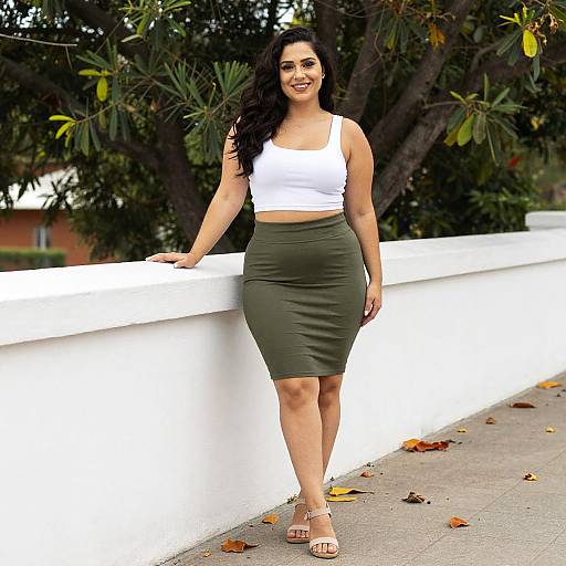 Confident Woman in White Crop Top and Olive Green Pencil Skirt Outdoors
