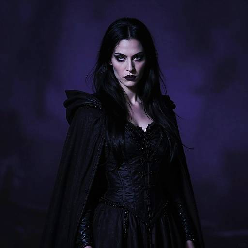 Gothic Woman in Black Corset and Cape with Dramatic Makeup