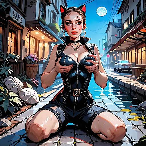 Stylized Woman in Cat Costume on Moonlit Street Digital Artwork