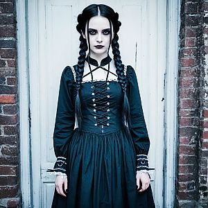 Gothic Woman in Black Dress by Weathered Door