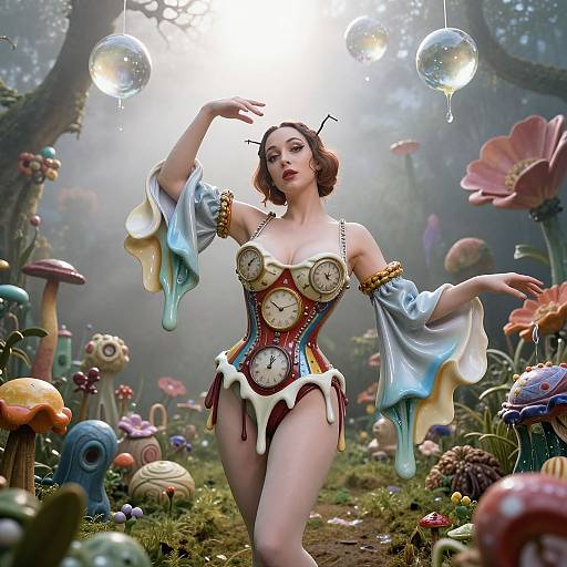 Surreal Fantasy Woman in Clock Corset in Magical Mushroom Garden