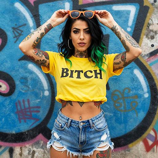 Tattooed Woman in Yellow Crop Top and Denim Shorts with Graffiti Background