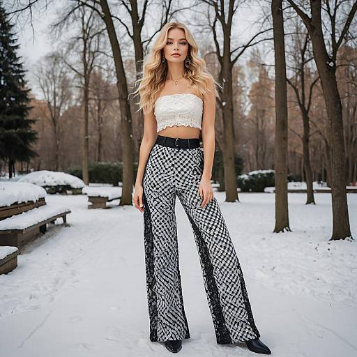 Fashionable Woman in Checkered Pants and Lace Top in Snowy Park