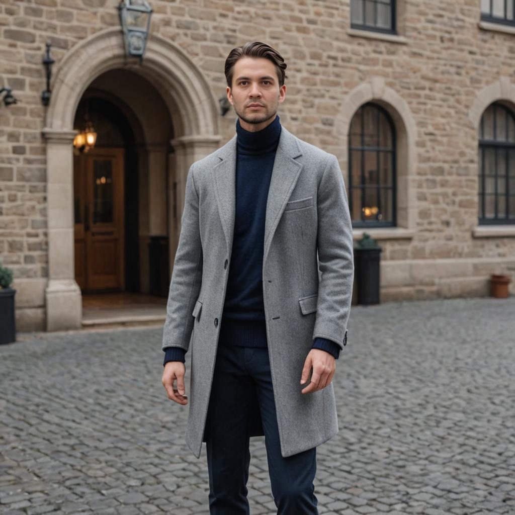 Stylish Man in Autumn Attire Against European Architecture