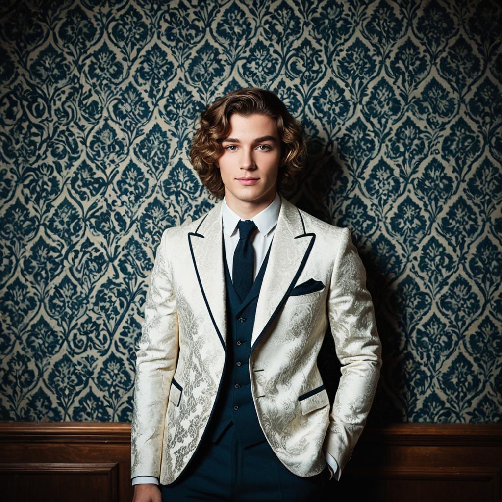 Young Man in White Brocade Blazer with Vintage Wallpaper Background