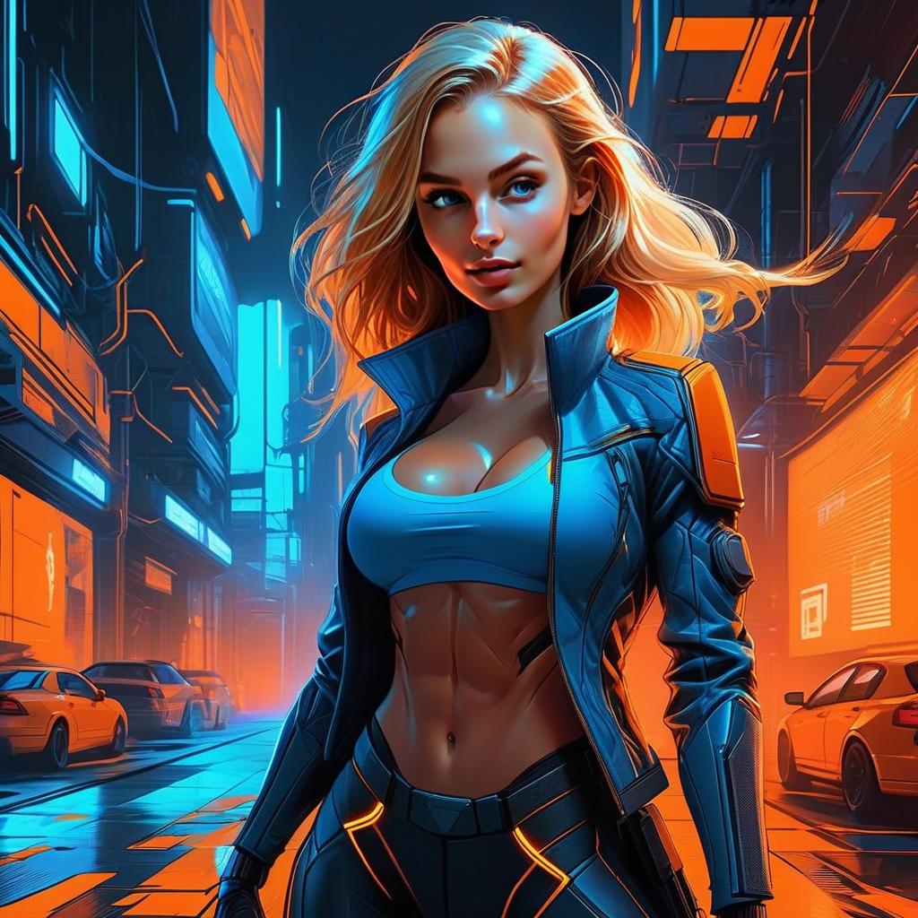 Confident Woman in Cyberpunk Urban Environment
