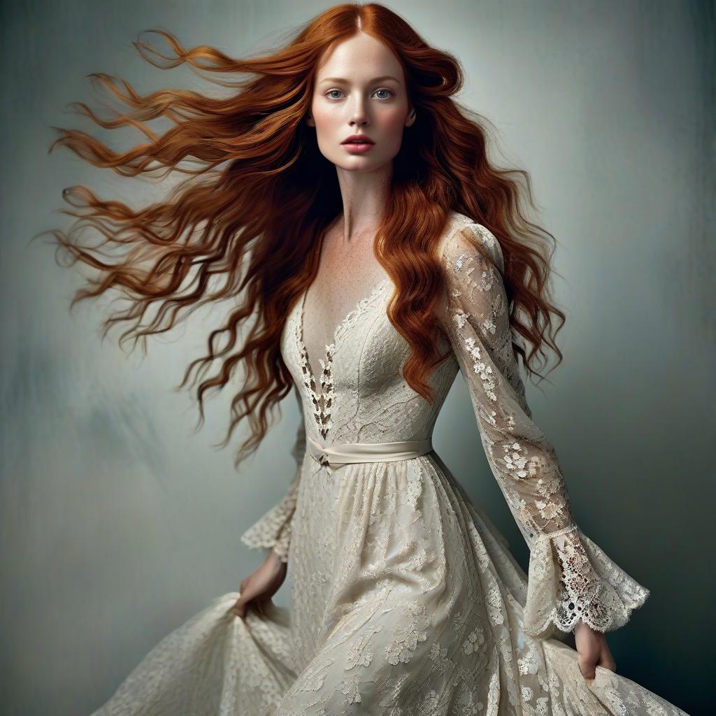 Elegant Woman in Vintage Lace Dress with Flowing Red Hair