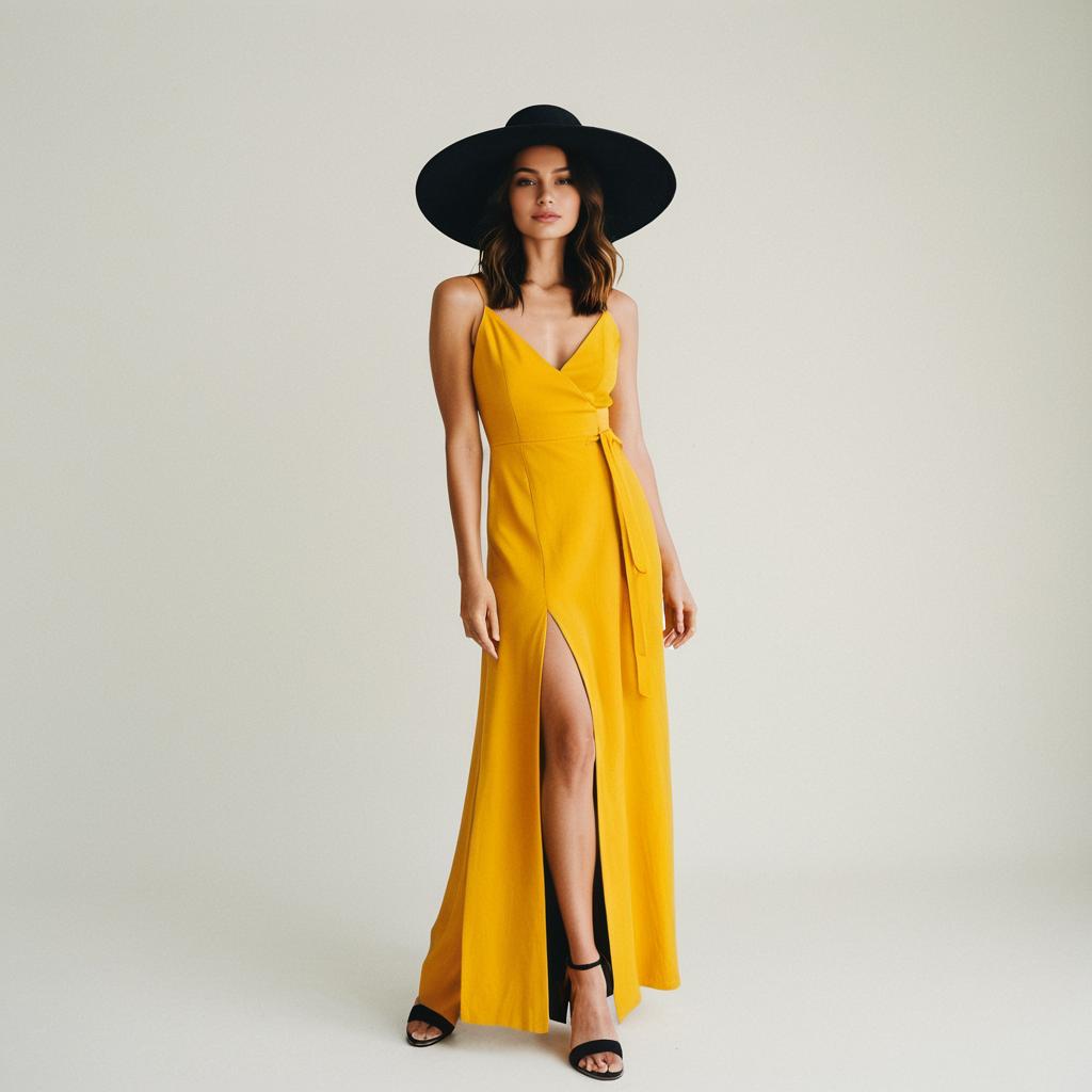 Stylish Woman in Yellow Dress with Black Accessories