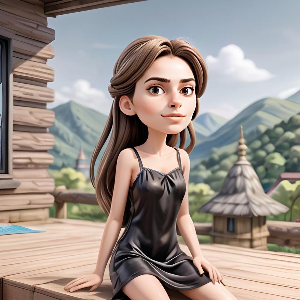 3D Cartoon Woman in Black Dress on Wooden Deck 3D Cartoon Woman in Black Dress on Wooden Deck