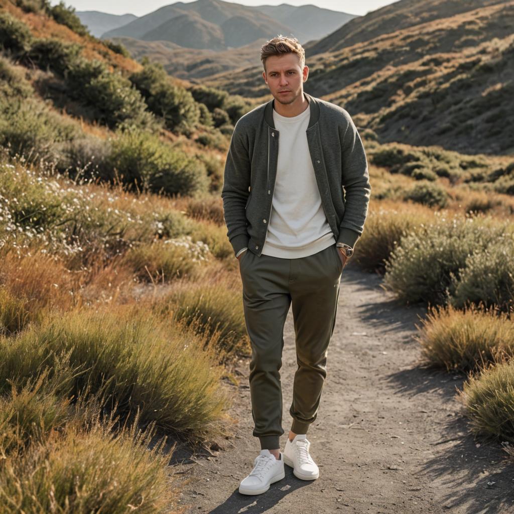 Stylish man walking in lush landscape