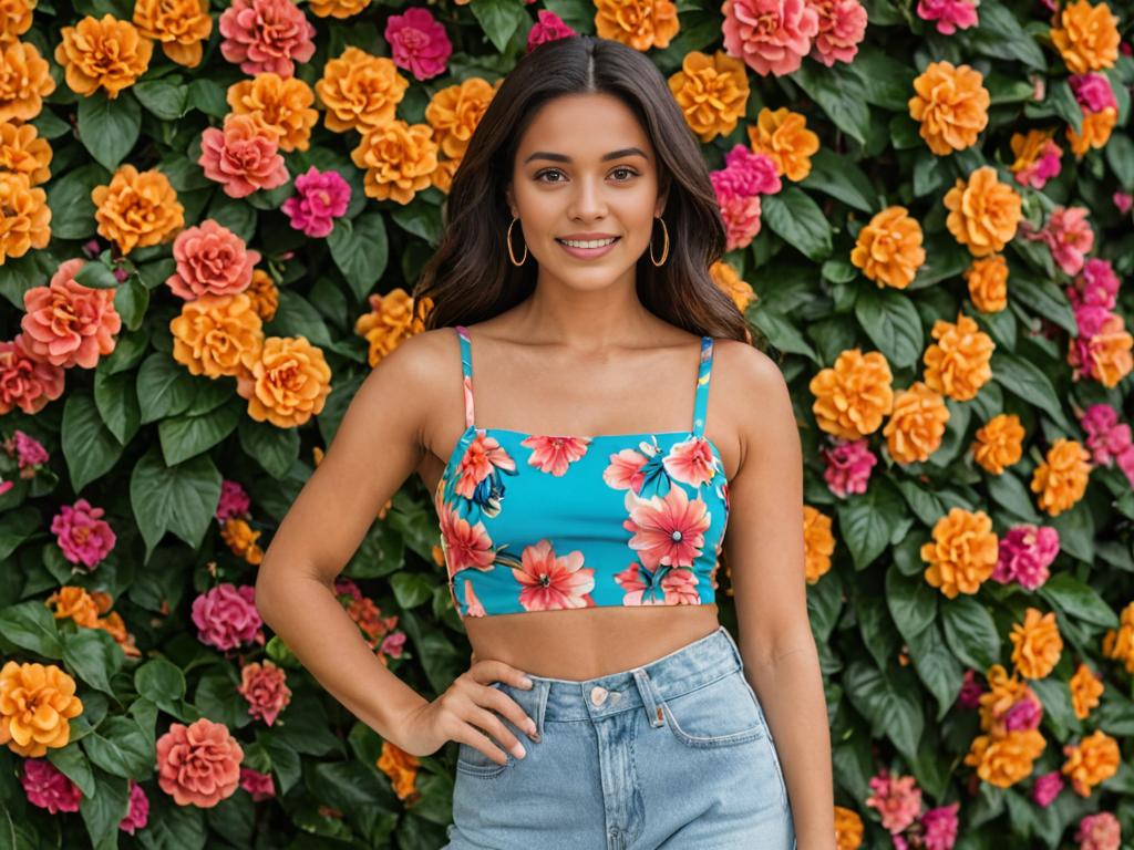 Confident Woman in Floral Crop Top and Denim Shorts