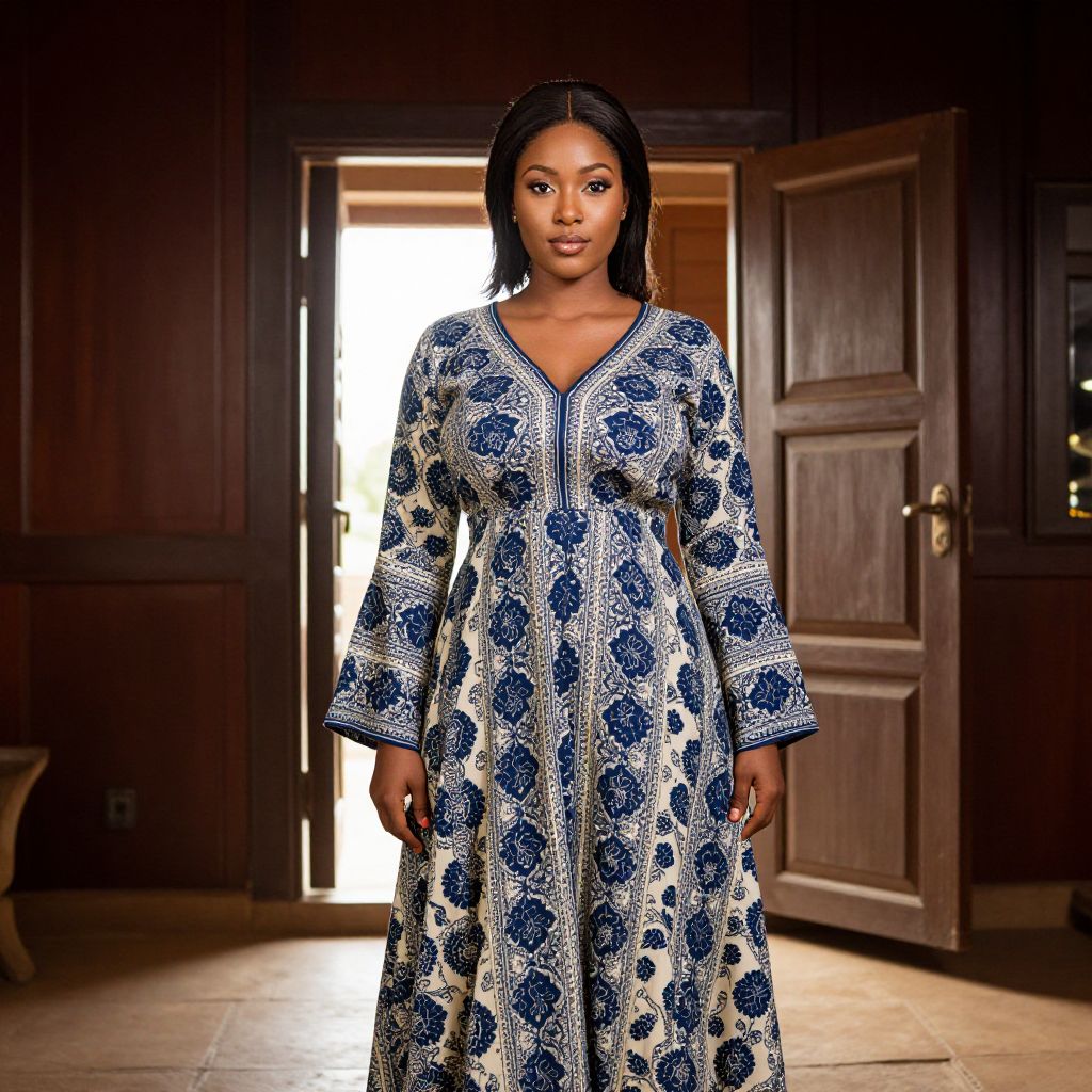 Elegant Woman in Blue and White Floral Dress Standing Indoors