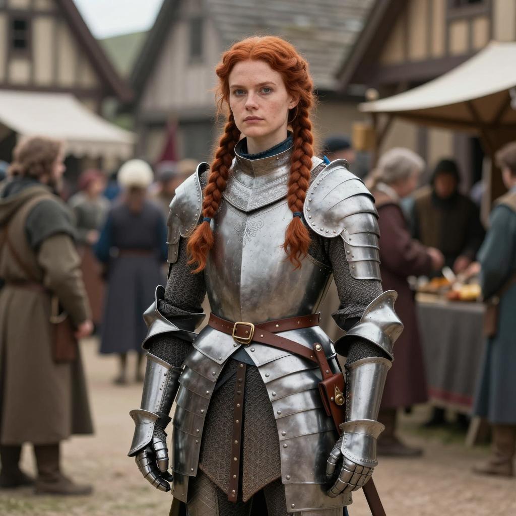 Medieval Woman Knight in Full Plate Armor with Red Braided Hair