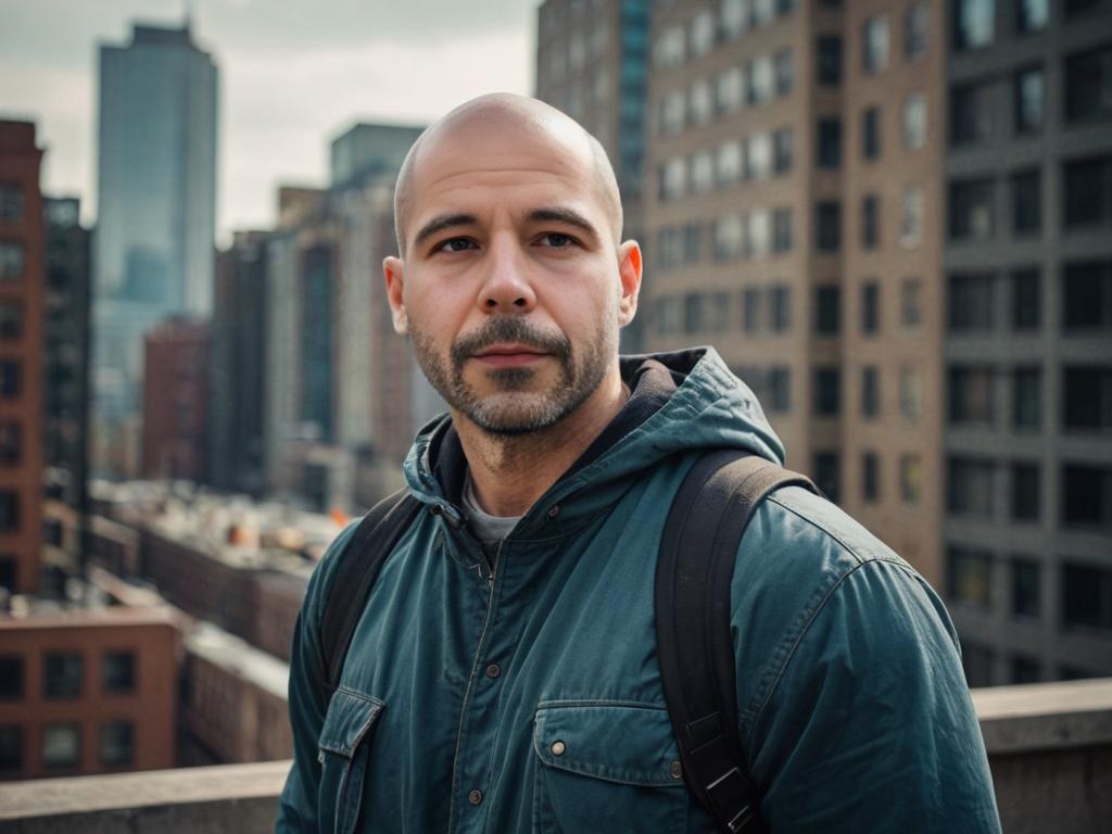 Man in Green Jacket on Rooftop Overlooking Urban Cityscape