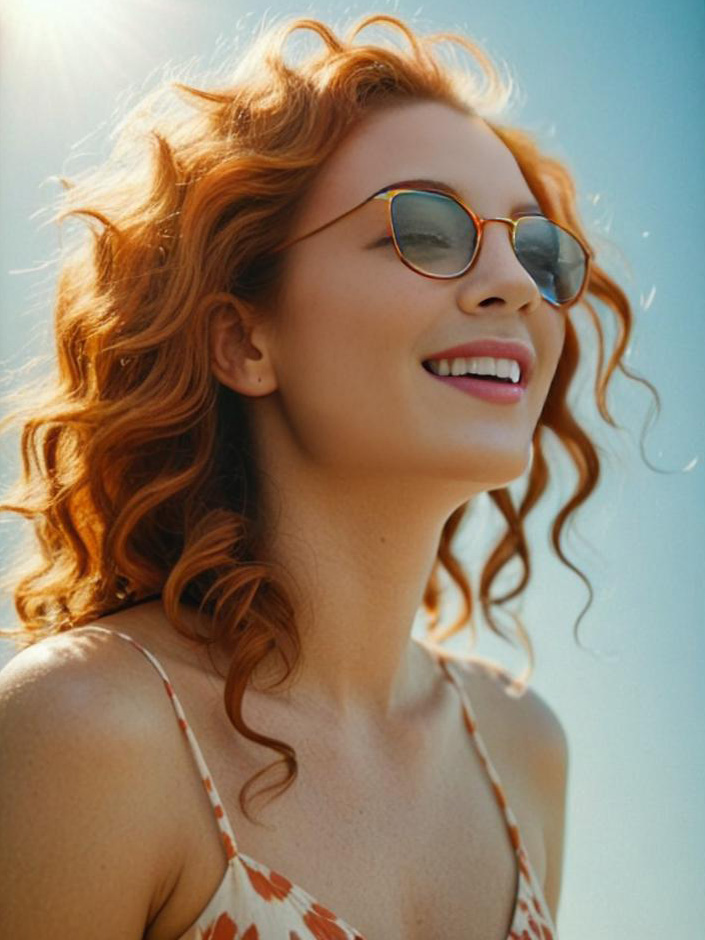 Radiant woman with red curly hair enjoying a sunny day