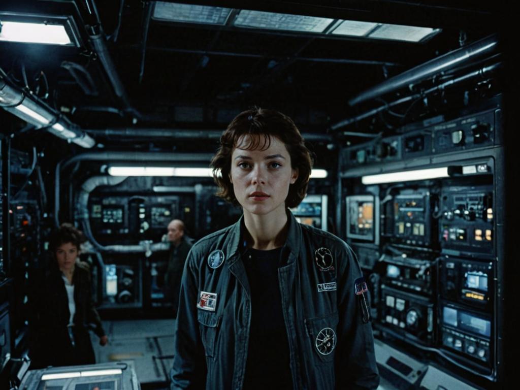 Determined Woman in Alien Spaceship Control Room